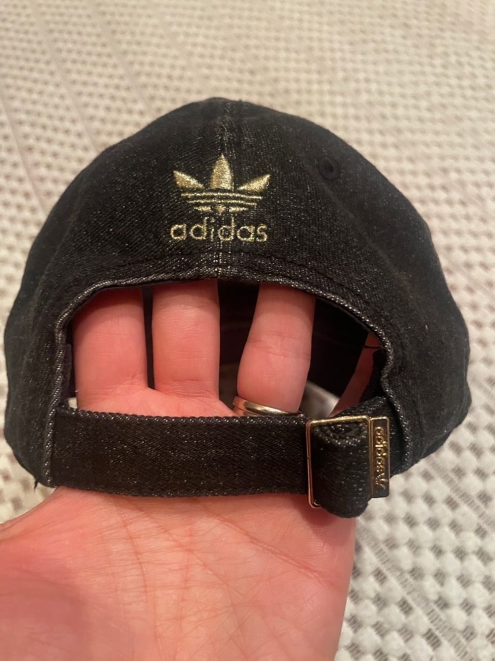 Adidas Trefoil Hat Black Denim Gold Logo Baseball Cap Adjustable Streetwear - Picture 4 of 9
